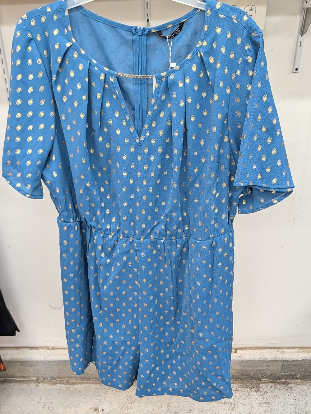 BloomChic Teal Blue Romper with Gold Dot Accents
